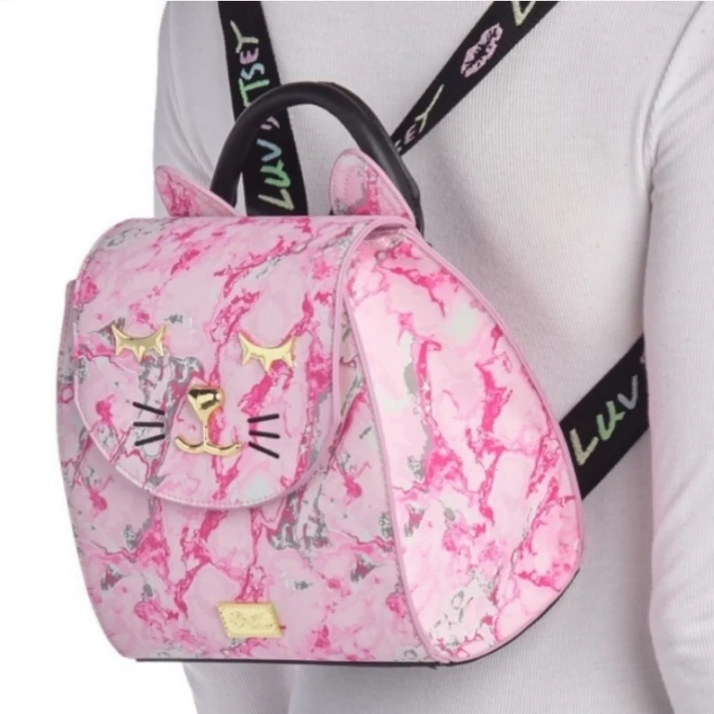 Betsey Johnson Pink Marbled Cat Design Backpack Purse